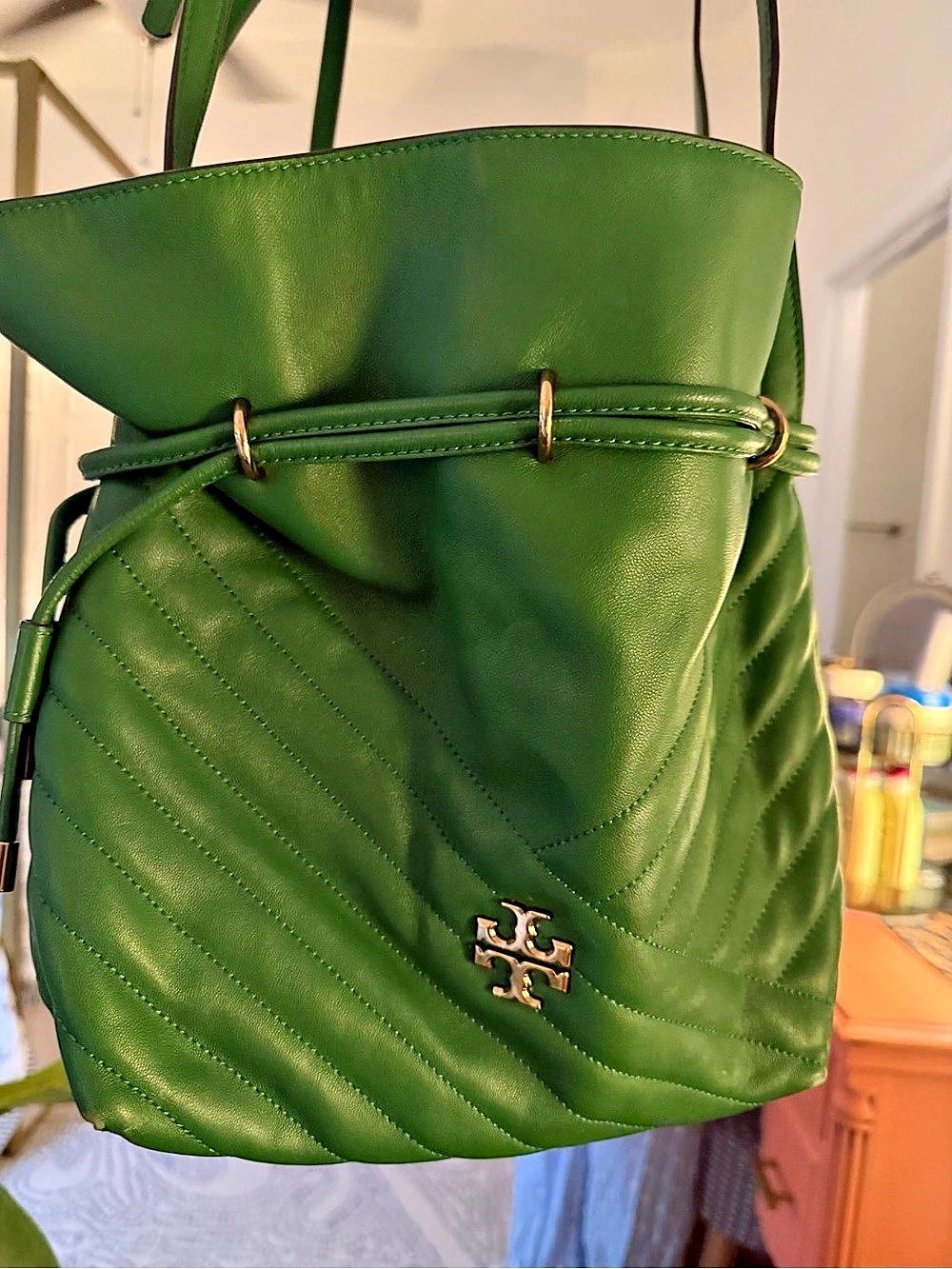 Tory Burch Kira Chevron Mini Bucket Bag Green